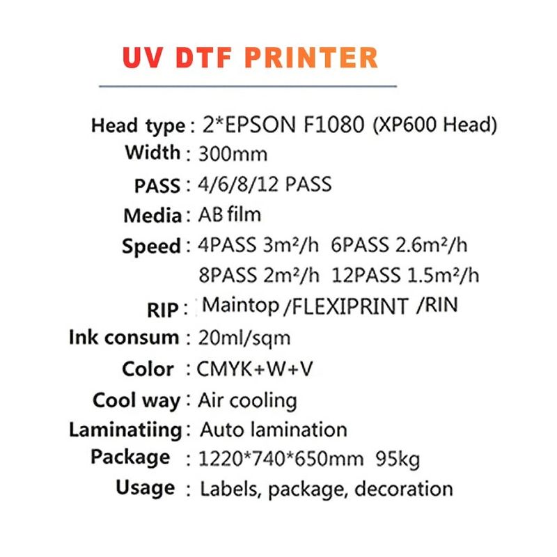 300 mm breiter UV-DTF-Drucker mit 20 ml/m2 Tintenverbrauch für den Druck in hohem Volumen